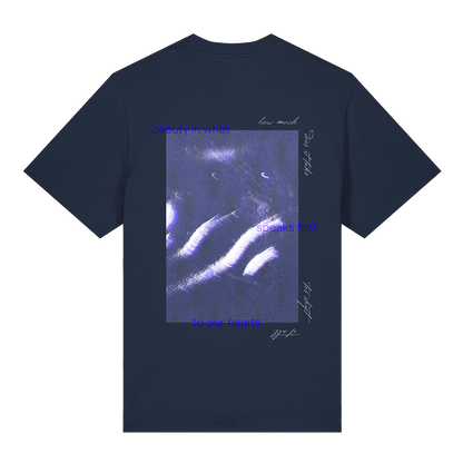 Navy blue t-shirt with a graphic design and text on the back against a white background