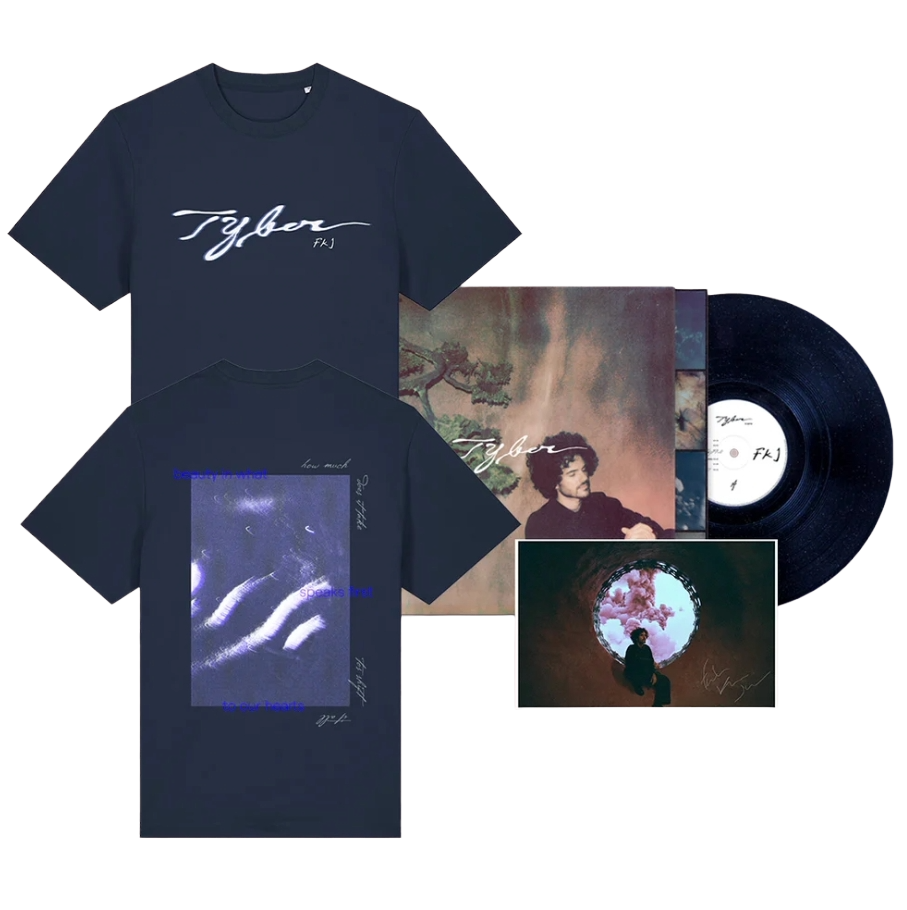 Navy blue t-shirt with 'Tyber' branding and a vinyl record with matching cover design.
