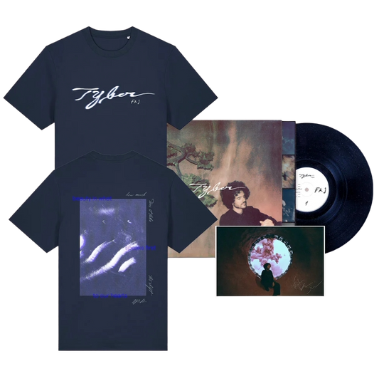 Navy blue t-shirt with 'Tyber' branding and a vinyl record with matching cover design.