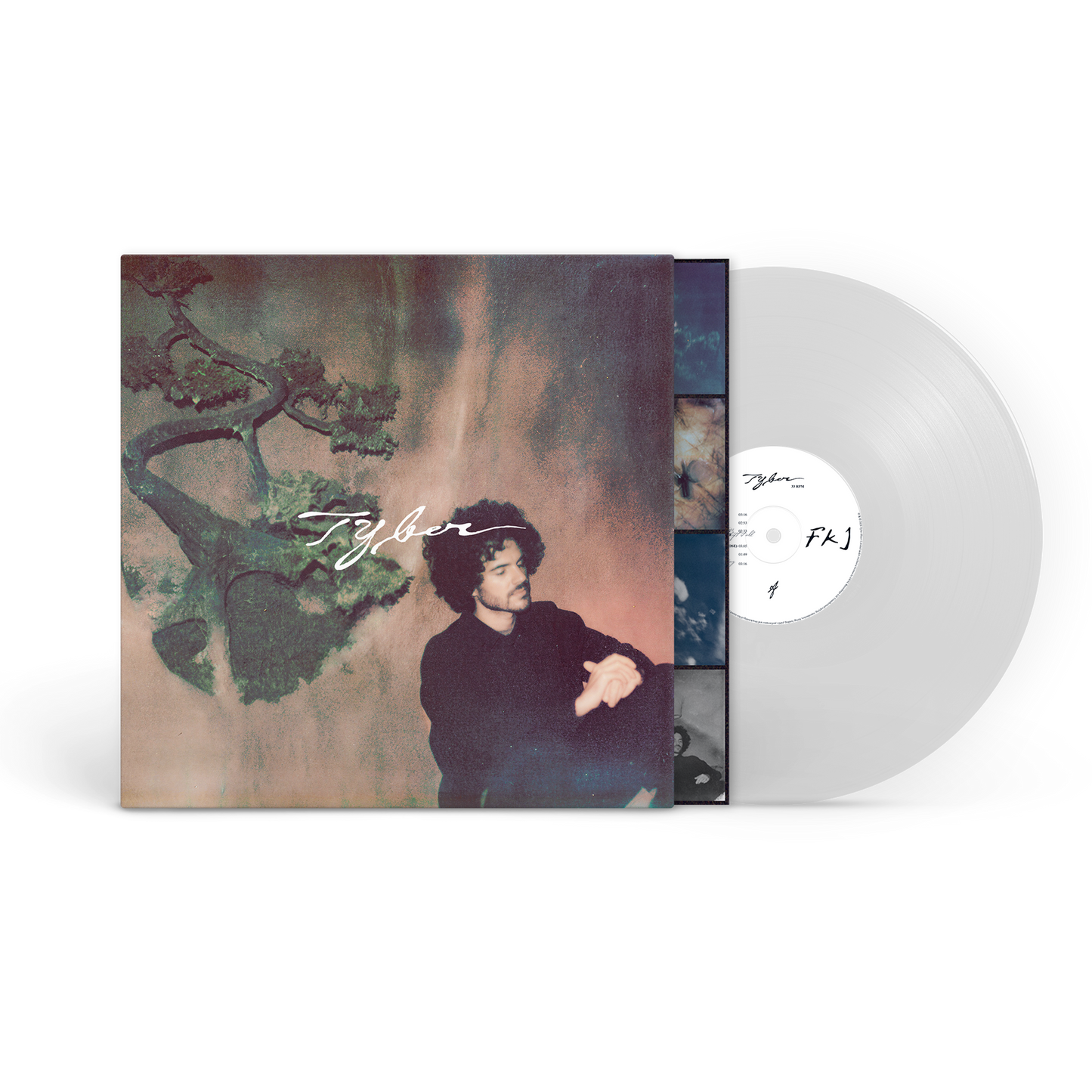 Vinyl record with cover featuring a person and nature imagery on a white background