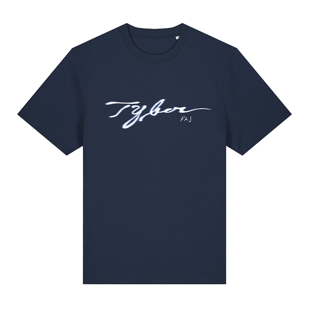Navy blue t-shirt with white text on a white background