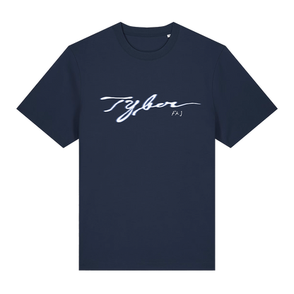 Navy blue t-shirt with white text on a white background