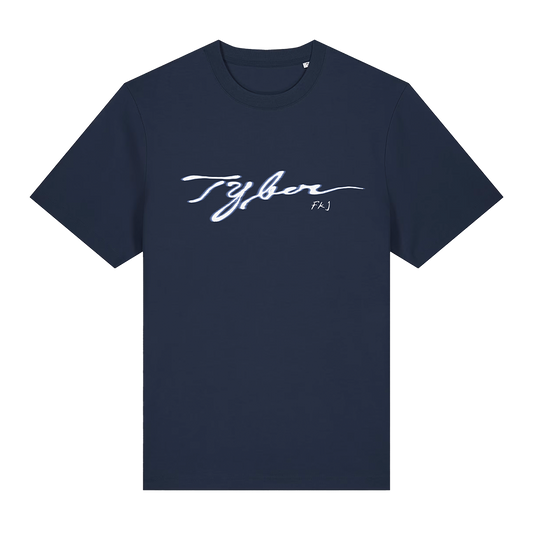 Navy blue t-shirt with white text on a white background